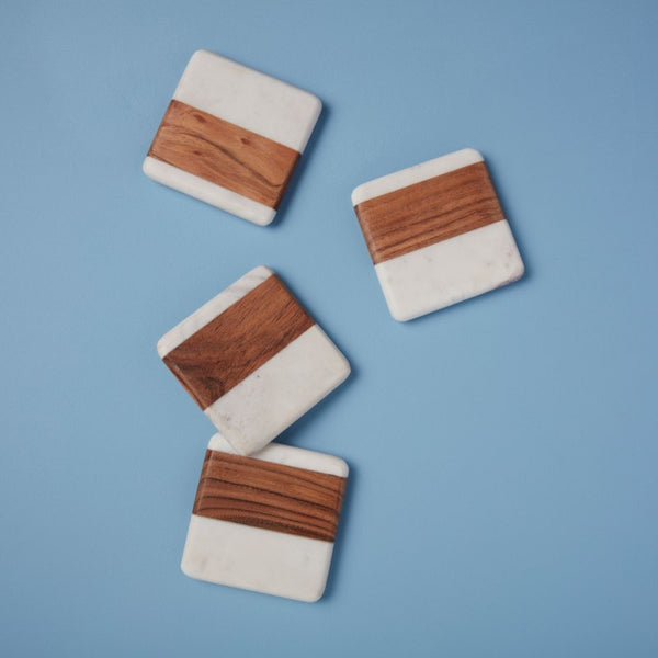 White Marble & Wood Square/ Round Coasters Be-Home Set/4
