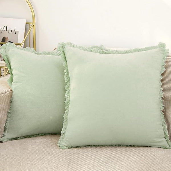 Cozoomy Sage Green Fringed Decorative Pillow 18x18