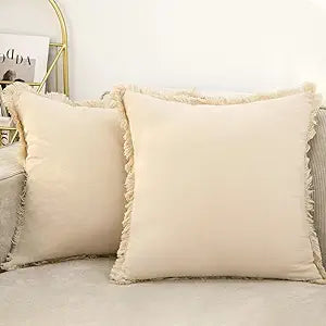 Beige Fringed Decorative Pillow Boho Cream White 18x18