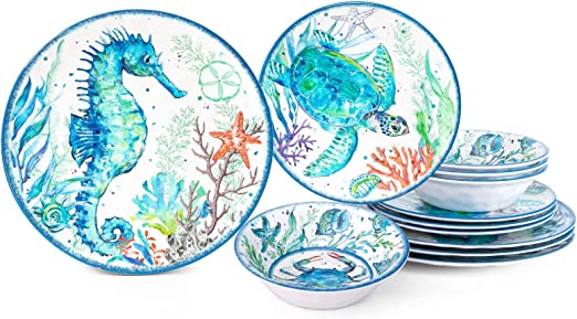 Lehaha 12-Piece Melamine Beach Dinnerware Set, Coastal Plates and Bowls Set