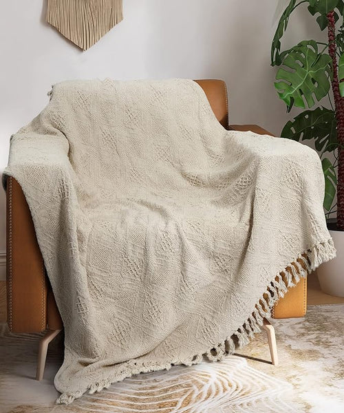 Maxpeuvon Throw Blanket Beige Knitted  With Tassel 50"x60"