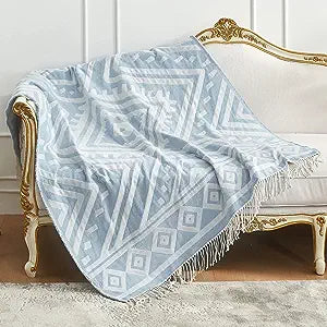 Amélie Home Chenille Woven Throw Blanket Summer, 50x60, Light Blue