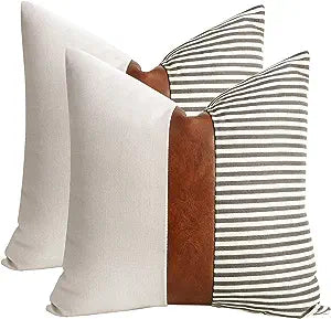 Cygnus Farmhouse Decor Stripe Patchwork Linen Throw Pillow 18x18 inch, Gray